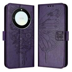 Custodia per telefono in pelle con farfalla goffrata per Honor X40 / X9a / Magic5 Lite (viola scuro)
