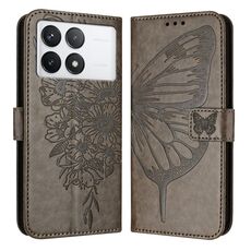Custodia per telefono in pelle con farfalla goffrata per Xiaomi Redmi K70 / K70 Pro (grigio)