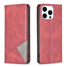 Custodia magnetica in pelle per iPhone 16 Pro con texture romboidale (rossa)