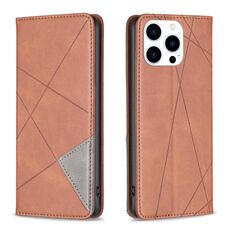 Custodia magnetica in pelle per iPhone 16 Pro con texture romboidale (marrone)
