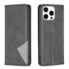Custodia magnetica in pelle per iPhone 16 Pro con texture romboidale (nera)