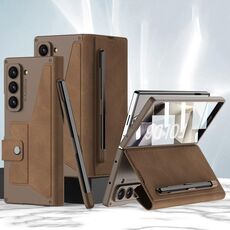 Per Samsung Galaxy Z Fold6 GKK Custodia in pelle Flip Armor integrata con slot per penna, stilo non incluso (marrone)