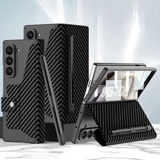Per Samsung Galaxy Z Fold6 Custodia in pelle Flip Armor integrata GKK con slot per penna, stilo non incluso (struttura in fibra di carbonio)