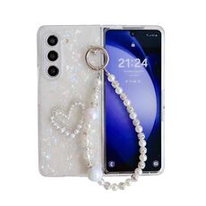 Per Samsung Galaxy Z Fold 6 Custodia per telefono con motivo a cuore con texture a conchiglia perlescente e braccialetto (Bianco)
