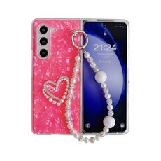 Per Samsung Galaxy Z Fold6 Custodia per cellulare con motivo a conchiglia perlescente e motivo a cuore con braccialetto (Rosso)