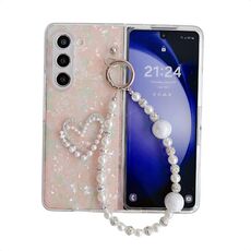 Per Samsung Galaxy Z Fold6 Custodia per telefono con motivo a forma di conchiglia perlata con motivo a cuore e braccialetto (rosa)
