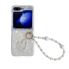 Per Samsung Galaxy Z Flip6 Custodia per telefono con motivo a forma di conchiglia perlata con motivo a cuore e braccialetto (Bianco)