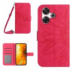 Per Xiaomi Redmi 13 4G Global Skin Feel Custodia per cellulare in pelle con motivo Sun Flower goffrato con cordino (Rosa rossa)