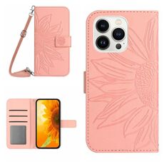 Per iPhone 16 Pro Max Skin Feel Custodia per cellulare in pelle con motivo Sun Flower goffrato con cordino (rosa)