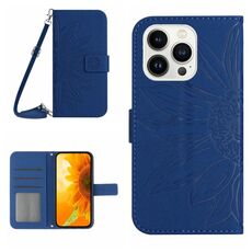 Per iPhone 16 Pro Max Skin Feel Custodia per cellulare in pelle con motivo Sun Flower goffrato con cordino (blu scuro)
