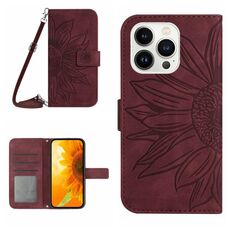 Per iPhone 16 Pro Max Skin Feel Custodia per cellulare in pelle con motivo Sun Flower goffrato con cordino (Vino Rosso)