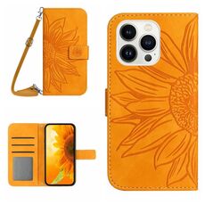 Per iPhone 16 Pro Max Skin Feel Custodia per cellulare in pelle con motivo Sun Flower goffrato con cordino (Giallo)