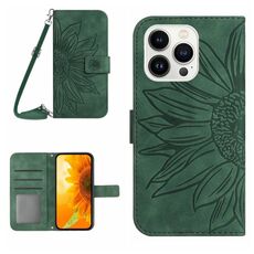 Per iPhone 16 Pro Max Skin Feel Custodia per cellulare in pelle con motivo Sun Flower goffrato con cordino (Verde)