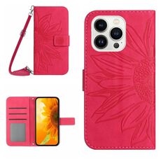 Per iPhone 16 Pro Max Skin Feel Custodia per cellulare in pelle con motivo Sun Flower goffrato con cordino (Rosa rossa)