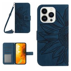 Per iPhone 16 Pro Max Skin Feel Custodia per cellulare in pelle con motivo fiore del sole in rilievo con cordino (blu inchiostro)