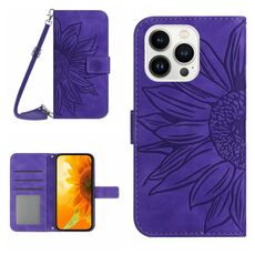 Per iPhone 16 Pro Max Skin Feel Custodia per cellulare in pelle con motivo Sun Flower goffrato con cordino (viola scuro)