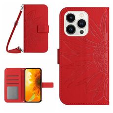 Per iPhone 16 Pro Skin Feel Custodia per telefono in pelle con motivo Sun Flower goffrato con cordino (Rosso)