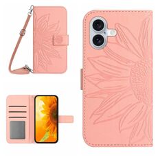Per iPhone 16 Plus Custodia per cellulare in pelle con motivo Sun Flower goffrato Skin Feel con cordino (rosa)