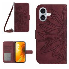Per iPhone 16 Plus Custodia per cellulare in pelle con motivo Sun Flower goffrato con cordino (rosso vino)