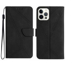 Custodia per telefono in pelle goffrata con cuciture per iPhone 16 Pro Max (nera)