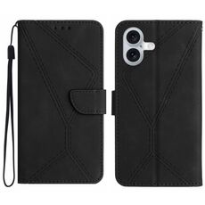Custodia per telefono in pelle goffrata con cuciture per iPhone 16 Plus (nera)