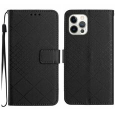 Custodia per telefono in pelle con struttura a griglia rombica per iPhone 16 Pro Max (nera)