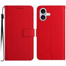 Custodia per telefono in pelle con struttura a griglia rombica per iPhone 16 Plus (rossa)