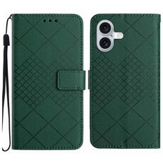 Custodia per telefono in pelle con struttura a griglia rombica per iPhone 16 Plus (verde)