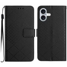 Custodia per telefono in pelle con struttura a griglia rombica per iPhone 16 Plus (nera)