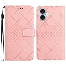 Custodia per telefono in pelle con struttura a griglia rombica per iPhone 16 (rosa)