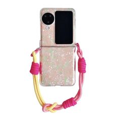 Per OPPO Find N3 Flip Custodia per telefono con fibbia laterale e texture a conchiglia perlescente con braccialetto arcobaleno (rosa verde)