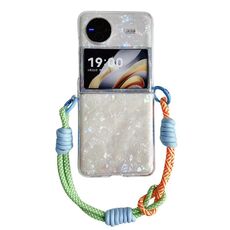 Per vivo X Flip Custodia per telefono con fibbia laterale con texture a conchiglia perlescente e braccialetto arcobaleno (Beige)
