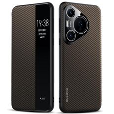 Per Huawei Pura 70 SULADA Kevlar 600D Texture Smart Window Custodia in pelle per telefono (marrone)