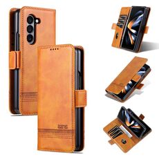 Per Samsung Galaxy Z Fold6 5G AZNS Custodia per telefono in pelle con texture di vitello magnetica (marrone chiaro)