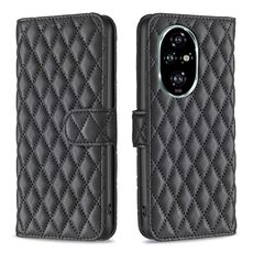 Custodia a portafoglio in pelle con motivo a reticolo diamantato per Honor 200 Pro (nero)