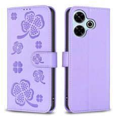 Per Xiaomi Poco M6 4G / Redmi 13 4G Custodia per telefono in pelle goffrata a quattro foglie (viola)