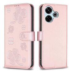 Per Xiaomi Poco M6 4G / Redmi 13 4G Custodia per cellulare in pelle goffrata a quattro foglie (rosa)