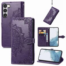 Per Samsung Galaxy S23 5G Custodia per telefono in pelle goffrata con fiore mandala (viola)