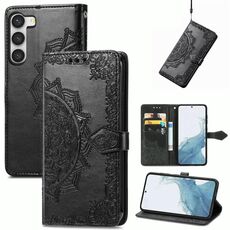 Per Samsung Galaxy S23 5G Custodia per telefono in pelle goffrata con fiore mandala (nero)