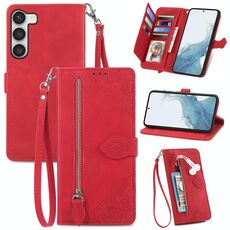 Per Samsung Galaxy S23 5G Custodia in pelle con cerniera floreale in rilievo (rosso)