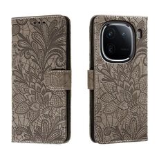 Custodia per cellulare in pelle con vibrazione in rilievo con fiori in pizzo per vivo iQOO 12 (grigio)