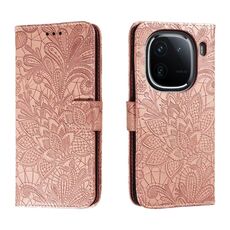 Custodia per cellulare in pelle con vibrazione in rilievo con fiori in pizzo per vivo iQOO 12 (oro rosa)