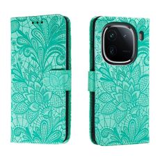 Custodia per cellulare in pelle con vibrazione in rilievo con fiori in pizzo per vivo iQOO 12 (verde)