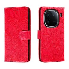 Custodia per cellulare in pelle con vibrazione in rilievo con fiori in pizzo per vivo iQOO 12 (rossa)