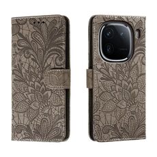 Custodia per cellulare in pelle con vibrazione in rilievo con fiori in pizzo per vivo iQOO 12 Pro (grigio)