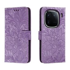 Custodia per cellulare in pelle con vibrazione in rilievo con fiori in pizzo per vivo iQOO 12 Pro (viola)