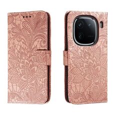 Custodia per telefono in pelle con vibrazione in rilievo con fiore in pizzo per vivo iQOO 12 Pro (oro rosa)