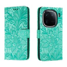 Custodia per cellulare in pelle con vibrazione in rilievo con fiori in pizzo per vivo iQOO 12 Pro (verde)