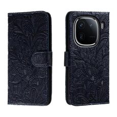 Per vivo iQOO 12 Pro Custodia in pelle con stampa a fiori in pizzo (blu scuro)
