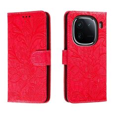 Custodia per telefono in pelle con vibrazione in rilievo con fiore in pizzo per vivo iQOO 12 Pro (rossa)
